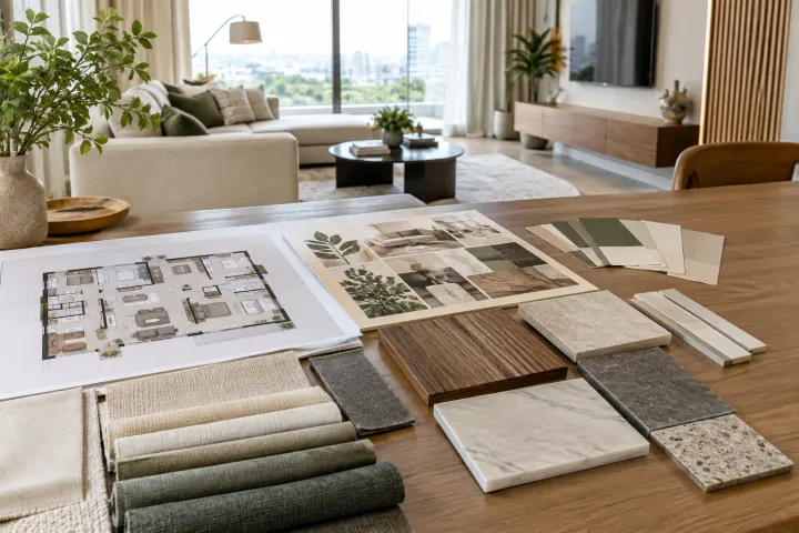 Interior design floor plan and material samples
