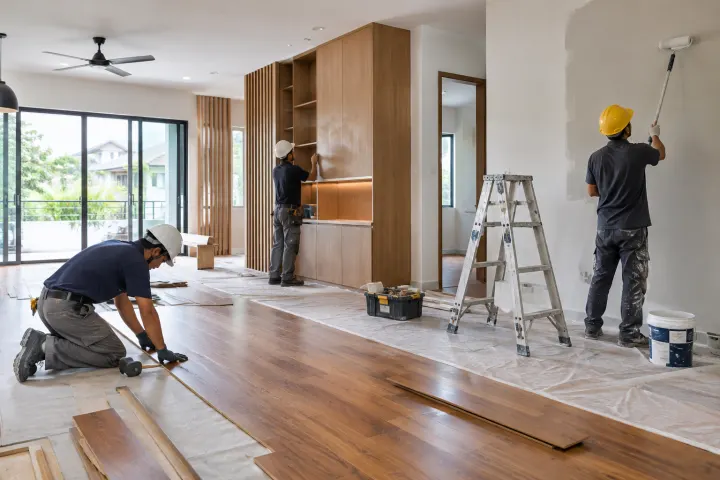 Workers renovating a home interior
