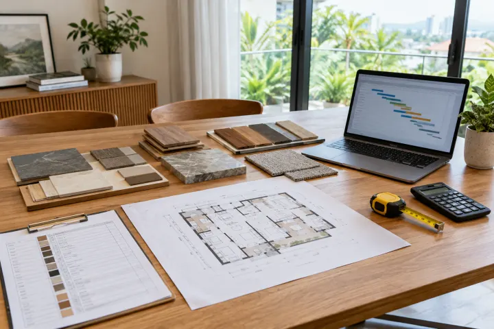 Renovation planning with floor plans and material samples